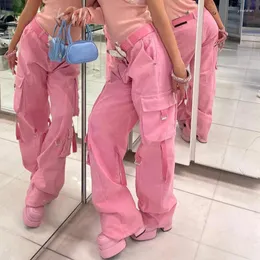 Spodnie damskie amerykańskie retro ładunki dla kobiet uliczne luźne kieszenie proste szerokie nogi swobodny workowate, hosowane dresowe spodnie różowe ubrania Y2K