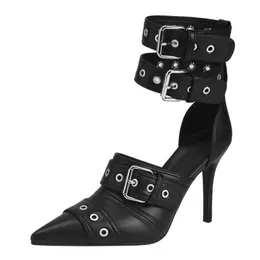 Sandaler 2024 Punk Metal Women High Heels Shoes For Woman Pointed Toe Thin klackar Ankel Spännpumpar Ladies Party Wedding Sandals T240606