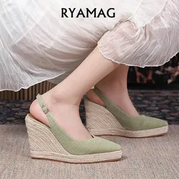 ryamag 여자 웨지 샌들 여름 두꺼운 발 뒤꿈치 두꺼운 발가락 여자 신발 뒷다리 다리 여성용 대마 밑창 240517