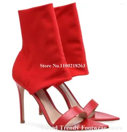 Sandals Sexy Red Black Bandage Stiletto Heel Gladiator Sadnals Pointed Open Toe Cut-out Thin Sock Ankle Booties Party Heels