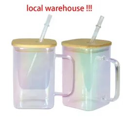 local warehouse Sublimation 20oz glass tumbler with handle electroplating square glasses bamboo lids kids cup travel mugs cups Wine Glasses