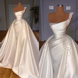 Elegante A-Line-Frauen Hochzeitskleid Ein Schulter ärmellose Perlen Brautkleid abnehmbare Zugkleider maßgeschneidert gemacht