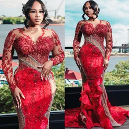 2024 Aso Ebi Plus Size Red Mermaid Prom Dress Lace Beaded Vintage Evening Formal Party Second Reception 50th Birthday Engagement Thanksgiving Gowns Dresses ZJ43
