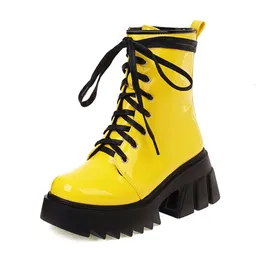 YMECHIC Yellow Patent Leather Lace-Up Combat Boots for Women