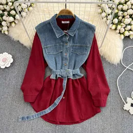 A-Line Denim Patchwork Shirt Dress: Hong Kong Style Single