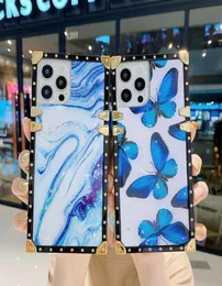 Transparent Square Luxury Mobiltelefonhüllen mit Halter Blue Marmor und Schmetterlingen für iPhone 13 13 Pro 12 11 Pro Promax XS XR X7297117