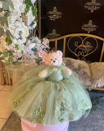 Sage Tulle V-Neck Sweetheart Quinceanera Dress with Beaded Appliques  Personalized Teddy Bear Cape