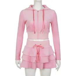 Velvet Two-Piece Kawaii Set: Zip-Up Hoodie & Lace-Up Ruffles Skirt