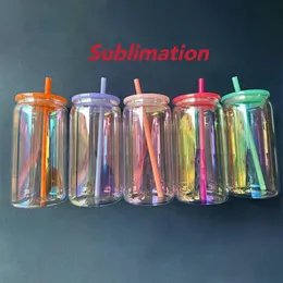 16oz de sublimação Iridescente Tumbler de vidro reto Transparente Coffee Tumbllers com tampa e palha coloridos
