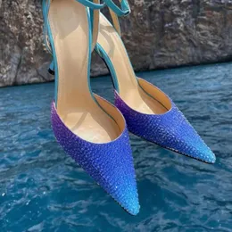 Royal Blue Rhinestone High Heel Sandals – Pointed Toe Thin Heel Crystal Evening Shoes