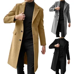 Z241004 Mens Wool Trench Coat Windproof, Single Breasted Lapel