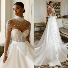 Pearls A E Dresses Bridal Gowns Sheer High Neck Long Sleeves Satin Wedding  Dress For Black Girl Plus Size Bone Bodice Backless Vestidos De Novia