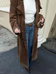 Brown Suede Long Trench Coat with Belt