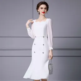 Knee Length Classy Elegant White Cocktail Dress Oufan Long-Sleeve Satin  A-Line Dress YesStyle
