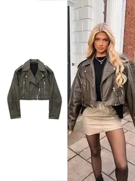 Vintage Leather Look Jacket Womens: Washed Motorcycle Style