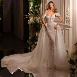Elegant Mermaid Wedding Dress: Off-Shoulder Sequin Tulle Bridal Gown with  V-Neck and Backless Design, Custom Plus Sizes Available