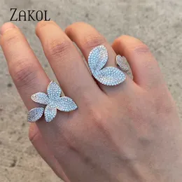 Band Rings ZAKOL Sparkling Leaf Flower Micro Paved Zirconia