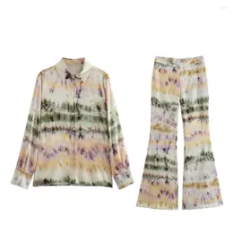 Calças femininas de duas peças unizera2023 outono moda manga longa polo colarinho lado split tie tingido camisa impressa cintura alta flare conjunto