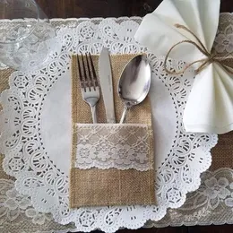 50pcs/lot Burlap Cutlery Holder Lace Tableware Pouchポケットクリスマスシルバーウェアホルダーポケットウェディングテーブル装飾