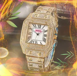 Alta qualidade ICE Out Hip Hop Homens Mulheres Diamantes Relógios 42mm Aço Inoxidável Quartzo Quadrado Roman Tank Dial Rose Gold Calendário Pulseira de Ouro Relógio Relogio Masculino