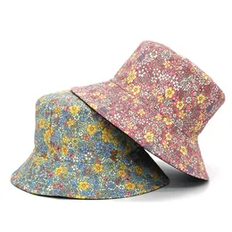 Wide Brim Hats Bucket Hats Fashion Floral Print Bucket Hat Women Double Side Cotton Reversible Sun Protection Cap Female Panama Fisherman 230831