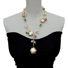 ペンダントネックレスYygem Blue Murano Glass淡水培養白いKeshi Pearl Gold Chale Chain Necklace 21 "230831