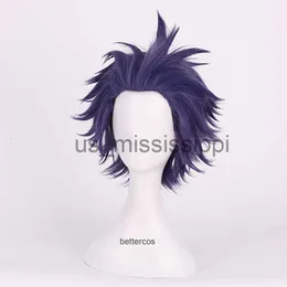 Cosplay perucas meu boku no herói academia shinsou hitoshi shinso cosplay perucas curto escuro roxo resistente ao calor peruca de cabelo sintético boné x0901