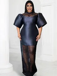 Plus Size Dresses Black Sheath For Women Turtleneck Short Puff Sleeve Lace Patchwork Cocktail Birthday Wedding Evening Gowns 4XL