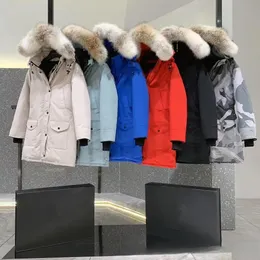 디자이너 캐나다 겨울 겨울 야외 여성의 중간 길이 긴 슬리브 후드 콜드와 바람 방향 따뜻한 다운 코트 재킷 재킷 코트 90% 거위 다운 크기 XS-XL