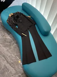 2023 Autumn Black Solid Color Rhinestone Two Piece Pants Sets Long Sleeve Lapel Neck Beaded Blazers Top & Flare Trousers Pants Suits Set Two Piece Suits O3G302598