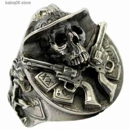 Anéis de banda Biker Gothic Skull Ring Double Gun Pirate Anel para Masculino Punk Party Jóias T230727