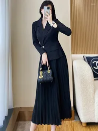 Casual Dresses ZJYT Elegant Lady Office Midi Pleated Blazer For Women 2023 Autumn Black Vestidos Long Sleeve Notched Collar Party Robe