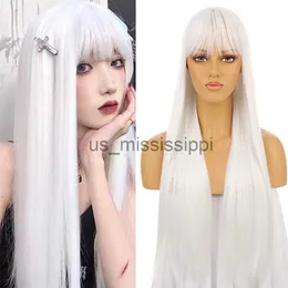 Cosplay Wigs FGY 26 Inch Long Straight With Bangs White Wig Cosplay Red Green Lolita Ladies Anime High Temperature Fiber Synthetic Wig x0901