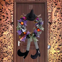 装飾的な花のハロウィーンの花輪玄関のための人工魔女の花輪帽子脚メッシュの装飾