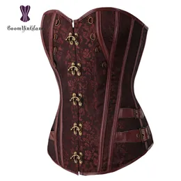 Vita Trainer Broccato Steampunk Jacquard Ecopelle Borchiato Overbust Corsetto marrone Bustier con catene S-6XL 916 # 225e