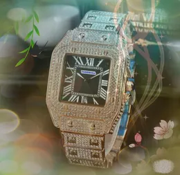 Lyx män kvinnor par klockor kvarts batteri super fyrkant romerskt tankklocka is av hiphop bling diamanter ring fall ros guld silver klocka orologio di lussso