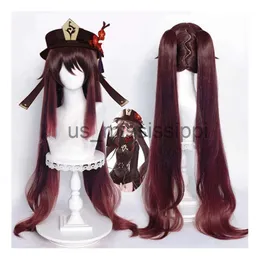 Parrucche Cosplay Drop Shipping Gioco Genshin Impact Hutao Parrucca Cosplay Hu Tao Parrucche sintetiche resistenti al calore Parrucche Anime di Halloween Protezione per parrucca x0901