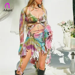 Two Piece Dress Tie Dye 3 Piece Skirt Sets Elegant Luxury Mesh Mini Ruffle Bandage Dress Summer Sexy Crop Bikini Top Sexy Night Club Outfit 230831