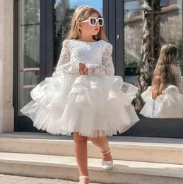 Vestidos de niña vestido de flores blanco esponjoso tul en capas apliques cinturón de lazo boda primera fiesta de cumpleaños eucarística del niño