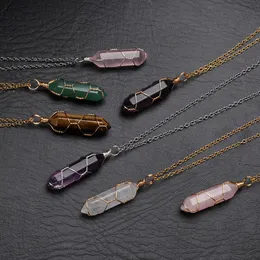 Pendant Necklaces Natural Stone Crystal Hexagonal Bullet Amethysts Pink Quartz Lapis Lazuli Necklace Women Men Wire Wrap Jewelry 230831