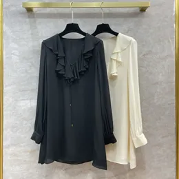 2023 Autumn Black / Ivory Solid Color Ribbon Tie Bow Blouse Shirt Long Sleeve V-Neck Ruffled Pullover Style Long Top Shirts Q3G300005
