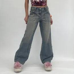 Jeans da donna Blu Donna Y2k Emo Grunge Streetwear Pantaloni larghi vintage a gamba larga Pantaloni in denim dritti a vita alta Abiti coreani anni 2000