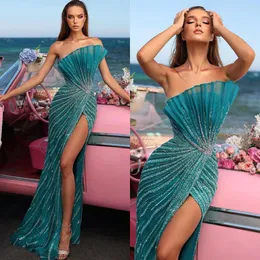 Cocktailblaue Meerjungfrau-Abendkleider, trägerloses Party-Abschlussballkleid, geteilte Falten, Kristallperlen, formelles langes Kleid mit rotem Teppich für besondere Anlässe