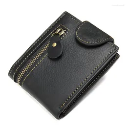 財布ヴィンテージの男性本物の革の小さな財布短い水平ジッパーバックルコインポケットトライフォールドカードケース財布