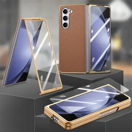 Fold5 Anti Slip Strip Lychee Design Business Folding Shell For Samsung Galaxy Z Fold 5 Plating Leather Case With Steel Film