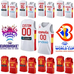 Tryck Spanien basketboll tröja 2023 VM 14 Willy Geuer 41 Juancho Hernangomez 24 Juan Nunez 12 Santiago Aldama 23 Sergio Llull 10