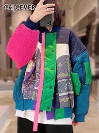 CHICEVER Koreanische Colorblock Parkas Für Frauen Rundhals Langarm Einreiher Unregelmäßige Lose Weibliche Kleidung