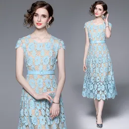 Basic Casual Dresses Summer Water Soluble Embroidered Hollow Lace Dress For Women Long Vestidos Short Sleeve Luxury office Party Dress 230831