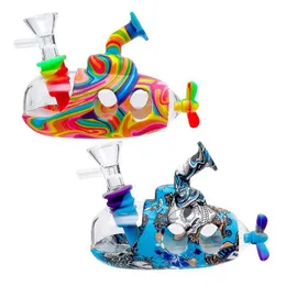 Colorful Silicone Submarine Bong Pipes Kit Hookah Waterpipe Bubbler Glass Filter Handle Bowl Portable Herb Tobacco Cigarette Holder Hand Smoking Handpipes DHL