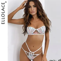 Ellolace Sexy Set Women Floral Embroidery Bra Brief Mesh Transparent Lingeries Black White Push Up Lingerie Sets C1212305L